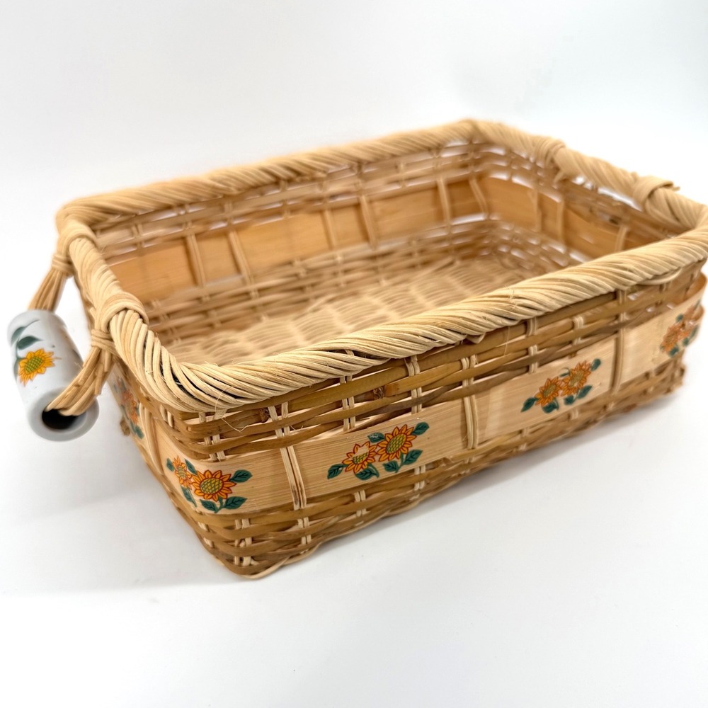 Vintage Sunflower Woven Basket Tray Ceramic Handles Cottagecore Kitchen Decor